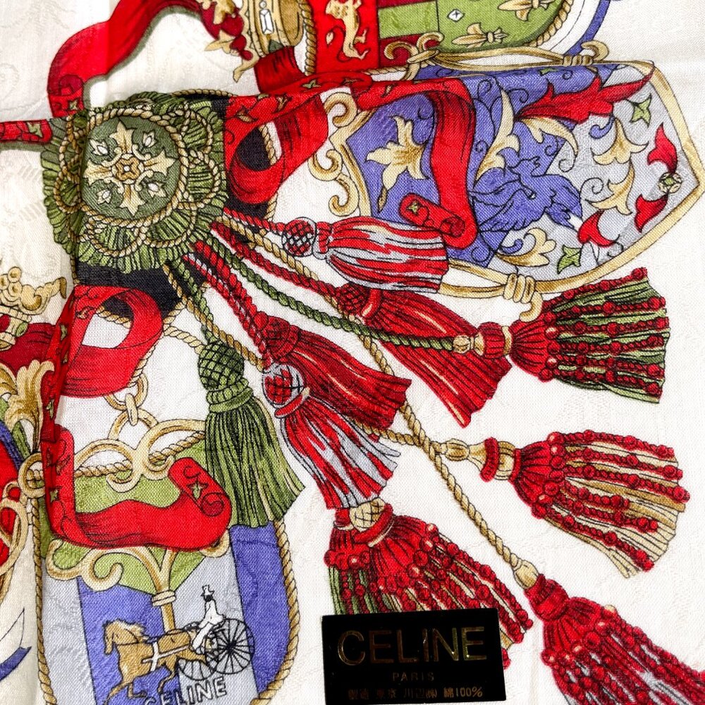 CELINE Paris Vintage Cotton Scarf Heraldic Crest Tassel Equestrian 20” Square - Picture 7 of 14